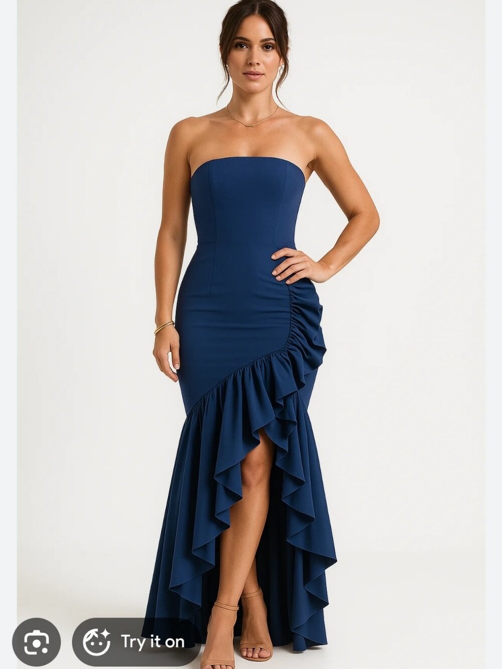 Nwt BLUE MERMAID Ruffle Gown Strapless Navy High-Low Evening Dress Prom Wedding - Picture 1 of 11